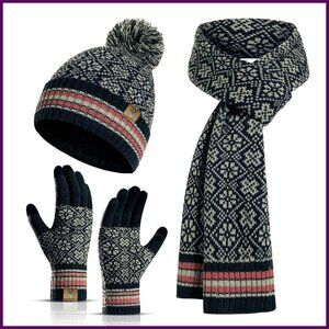 Fleece-Lined Winter Beanie Scarf Gloves Set Touchscreen Capable